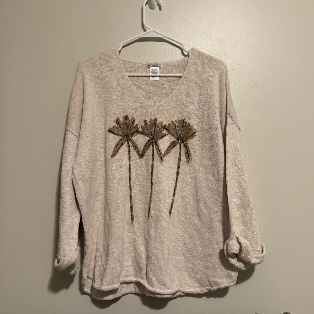 Vintage Women's One Size 100% Cotton Sweater Embellished Palm Trees